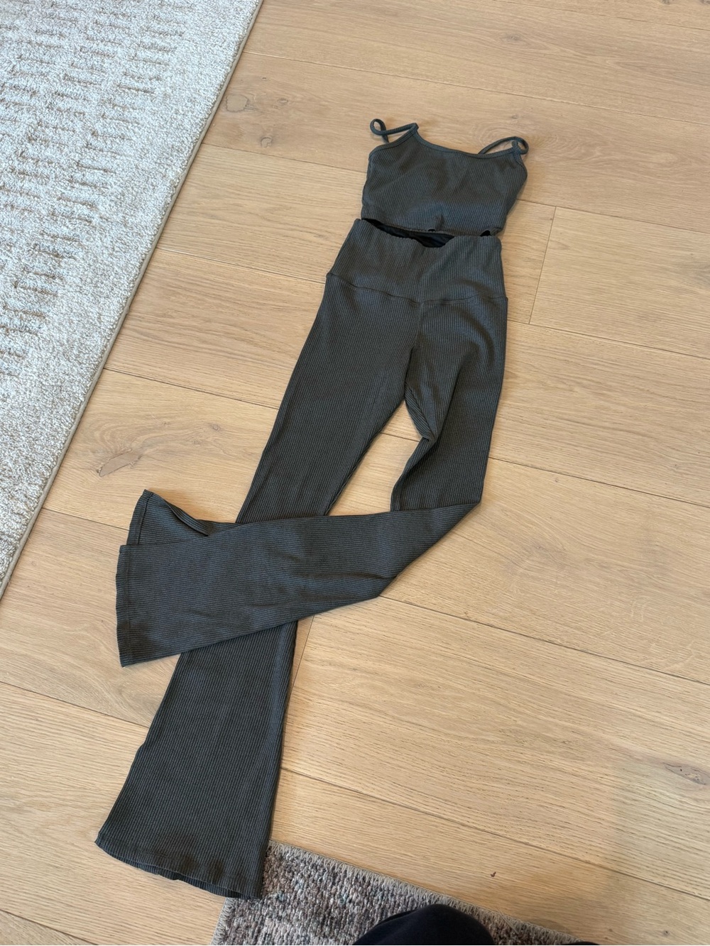 Women's Strut This Grey/Olive Ribbed Flared Pants & Tank - Stretch High Waist